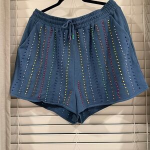 QUEEN OF SPARKLES Blue Studded Drawstring Shorts
